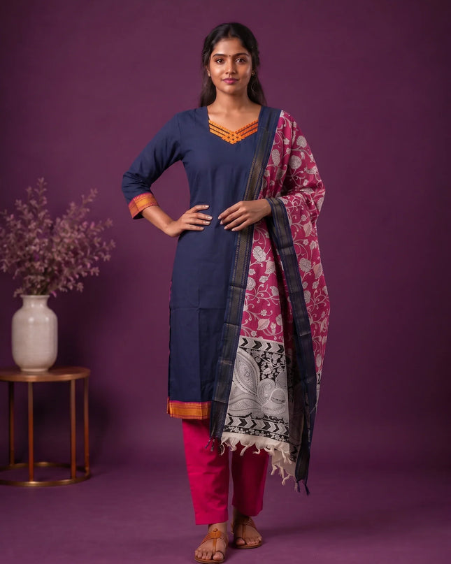 Premium Mangalagiri 3PC Kurti Set with Boutique Style Neck Design & Kalamkari Dupatta | Navy Blue Colour | Ready to Wear