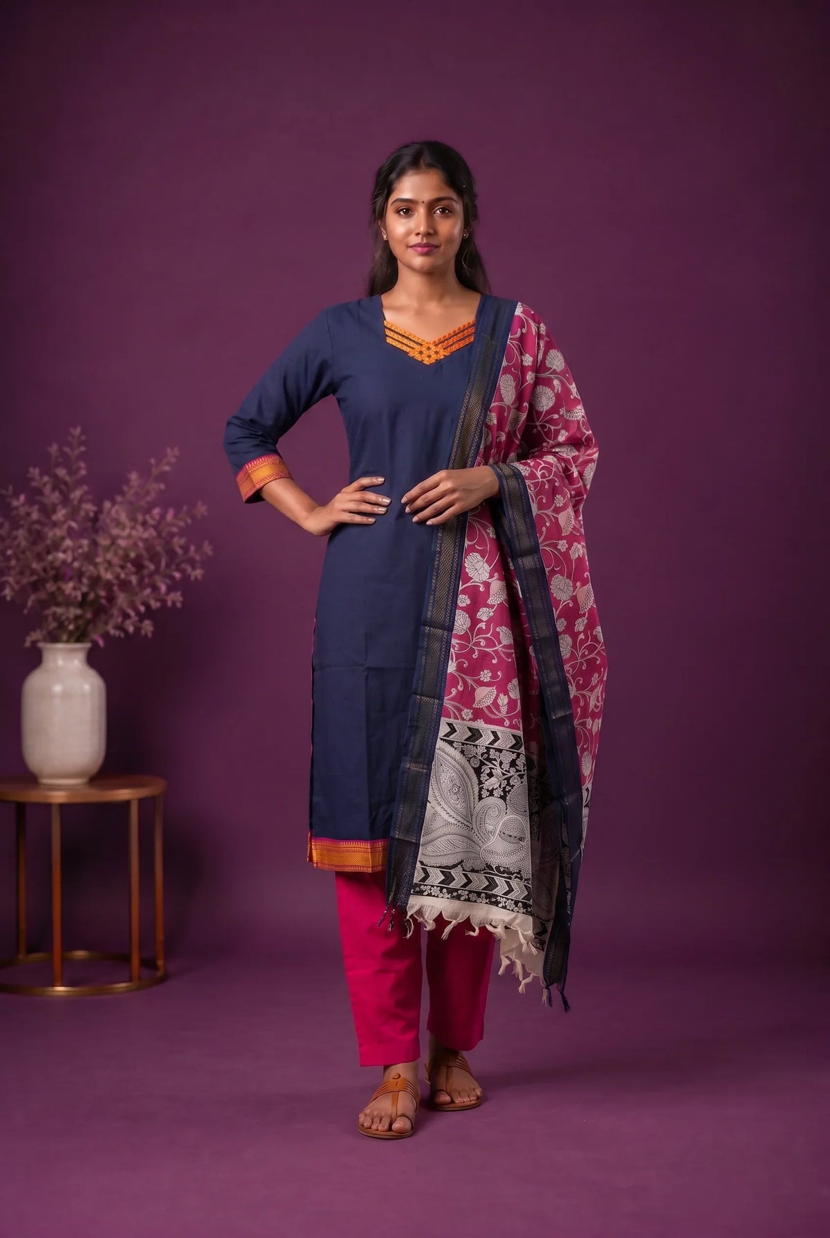Premium Mangalagiri 3PC Kurti Set with Boutique Style Neck Design & Kalamkari Dupatta | Navy Blue Colour | Ready to Wear
