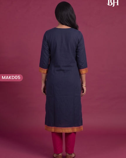 Premium Mangalagiri 3PC Kurti Set with Boutique Style Neck Design & Kalamkari Dupatta | Navy Blue Colour | Ready to Wear