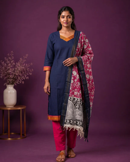 Premium Mangalagiri 3PC Kurti Set with Boutique Style Neck Design & Kalamkari Dupatta | Navy Blue Colour | Ready to Wear