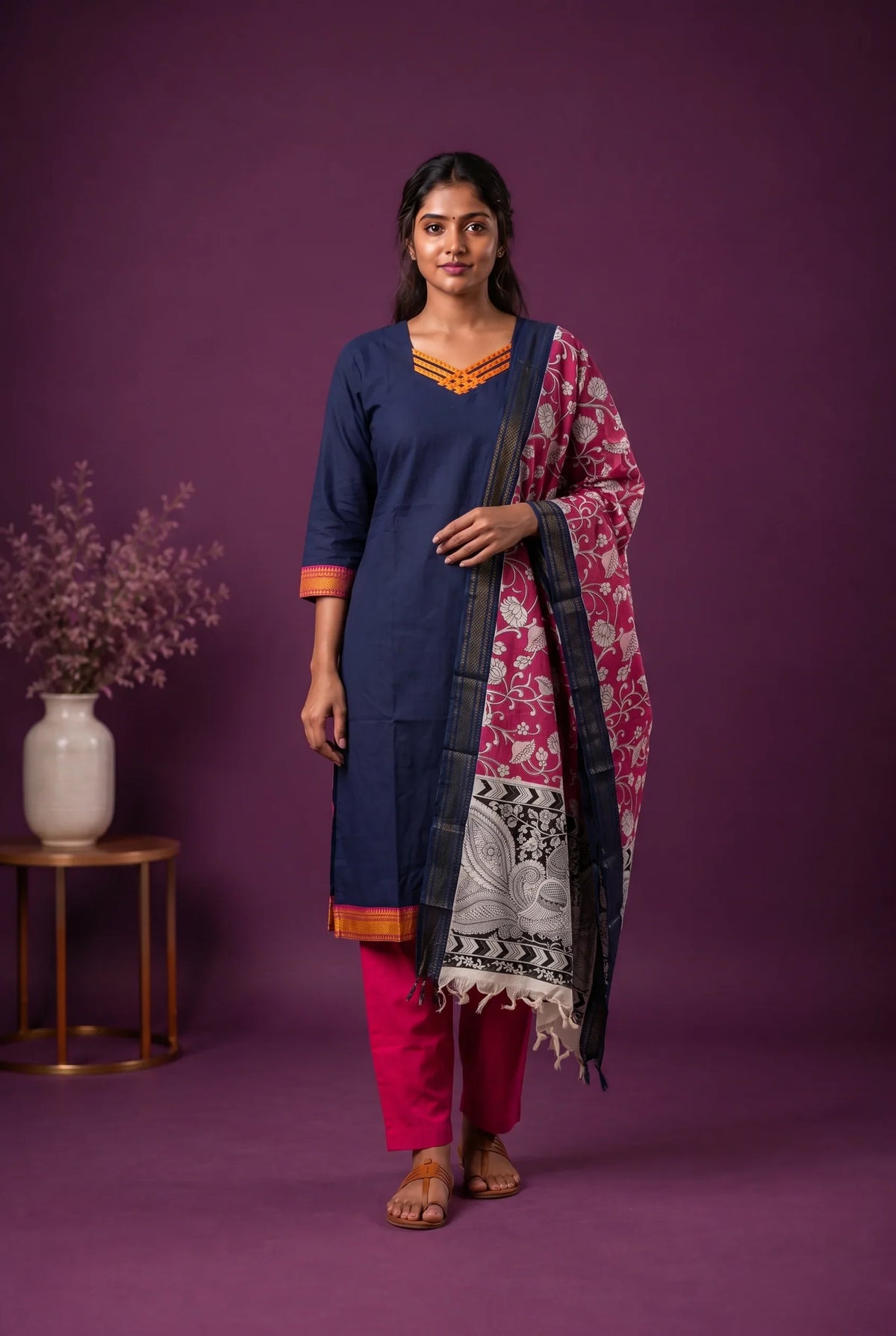 Premium Mangalagiri 3PC Kurti Set with Boutique Style Neck Design & Kalamkari Dupatta | Navy Blue Colour | Ready to Wear