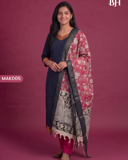 Premium Mangalagiri 3PC Kurti Set with Boutique Style Neck Design & Kalamkari Dupatta | Navy Blue Colour | Ready to Wear