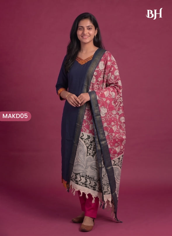 Premium Mangalagiri 3PC Kurti Set with Boutique Style Neck Design & Kalamkari Dupatta | Navy Blue Colour | Ready to Wear