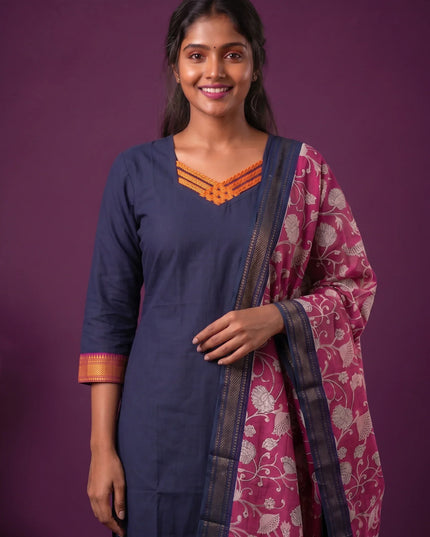 Premium Mangalagiri 3PC Kurti Set with Boutique Style Neck Design & Kalamkari Dupatta | Navy Blue Colour | Ready to Wear