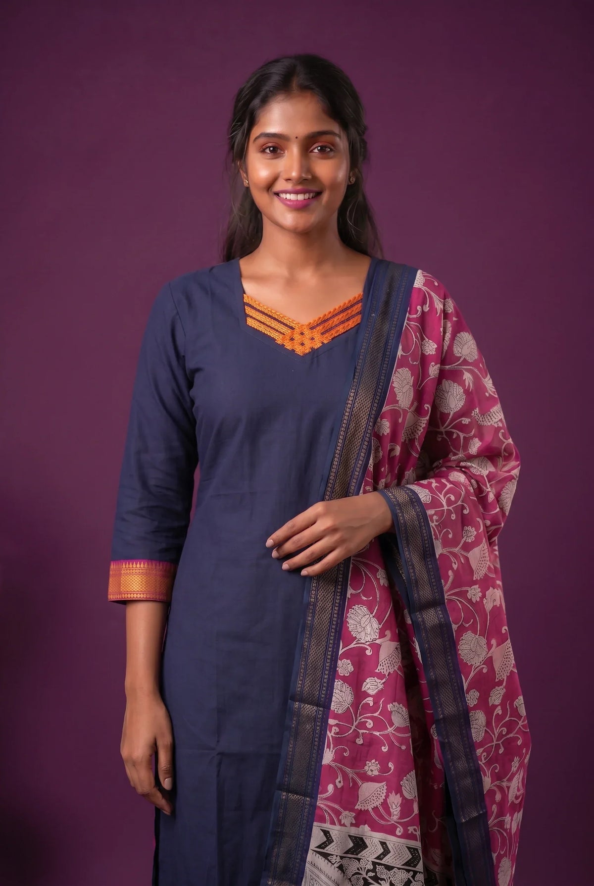 Premium Mangalagiri 3PC Kurti Set with Boutique Style Neck Design & Kalamkari Dupatta | Navy Blue Colour | Ready to Wear