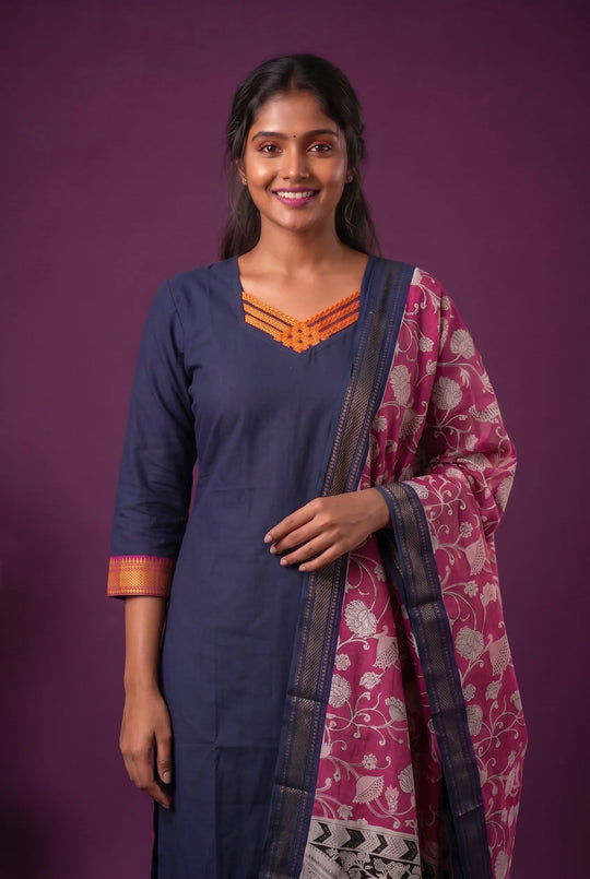 Premium Mangalagiri 3PC Kurti Set with Boutique Style Neck Design & Kalamkari Dupatta | Navy Blue Colour | Ready to Wear