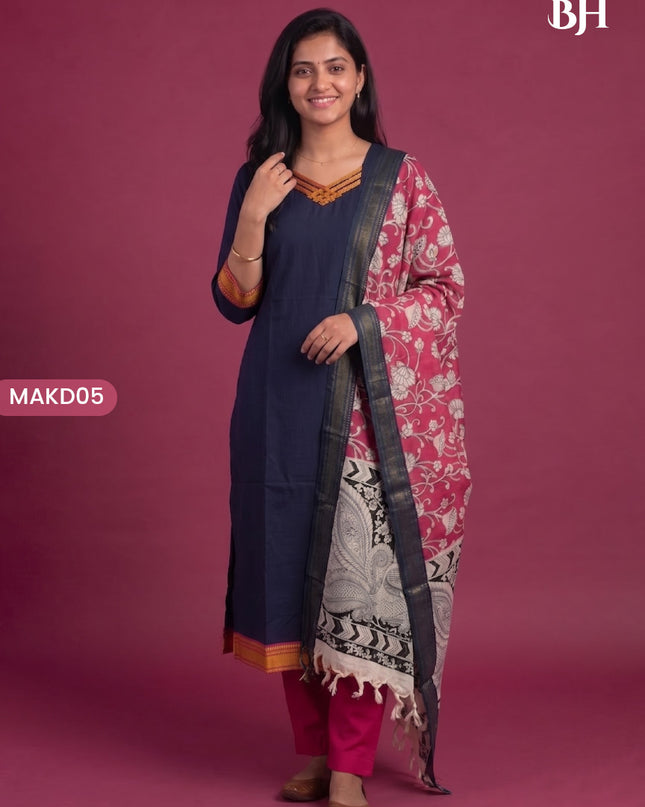 Premium Mangalagiri 3PC Kurti Set with Boutique Style Neck Design & Kalamkari Dupatta | Navy Blue Colour | Ready to Wear