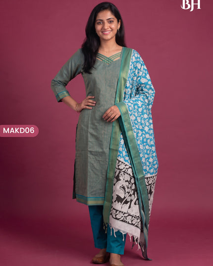 Premium Mangalagiri 3PC Kurti Set with Boutique Style Neck Design & Kalamkari Dupatta | Sage Green Colour | Ready to Wear