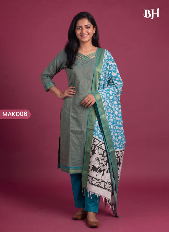 Premium Mangalagiri 3PC Kurti Set with Boutique Style Neck Design & Kalamkari Dupatta | Sage Green Colour | Ready to Wear