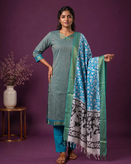 Premium Mangalagiri 3PC Kurti Set with Boutique Style Neck Design & Kalamkari Dupatta | Sage Green Colour | Ready to Wear