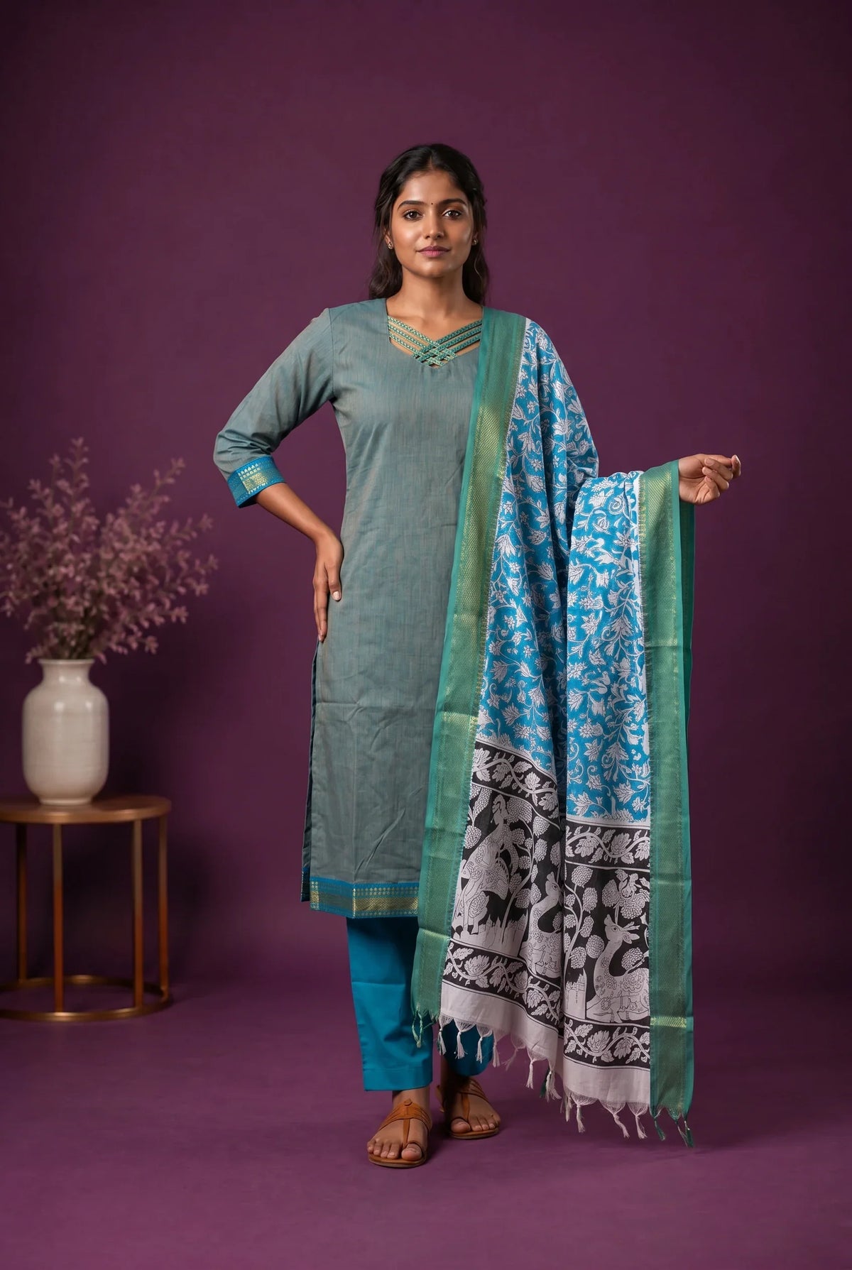 Premium Mangalagiri 3PC Kurti Set with Boutique Style Neck Design & Kalamkari Dupatta | Sage Green Colour | Ready to Wear