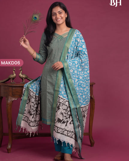 Premium Mangalagiri 3PC Kurti Set with Boutique Style Neck Design & Kalamkari Dupatta | Sage Green Colour | Ready to Wear