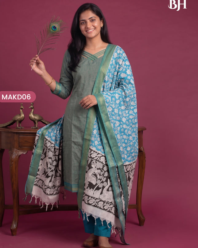 Premium Mangalagiri 3PC Kurti Set with Boutique Style Neck Design & Kalamkari Dupatta | Sage Green Colour | Ready to Wear