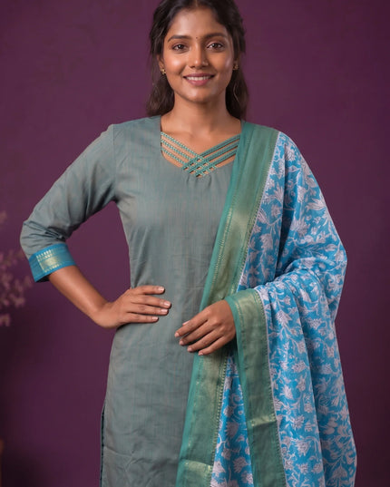 Premium Mangalagiri 3PC Kurti Set with Boutique Style Neck Design & Kalamkari Dupatta | Sage Green Colour | Ready to Wear