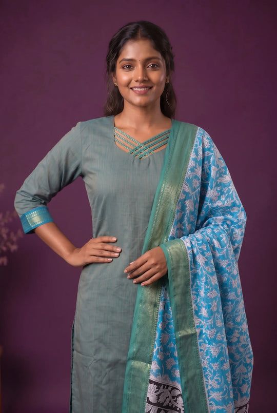 Premium Mangalagiri 3PC Kurti Set with Boutique Style Neck Design & Kalamkari Dupatta | Sage Green Colour | Ready to Wear