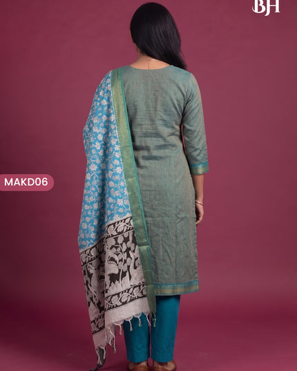 Premium Mangalagiri 3PC Kurti Set with Boutique Style Neck Design & Kalamkari Dupatta | Sage Green Colour | Ready to Wear