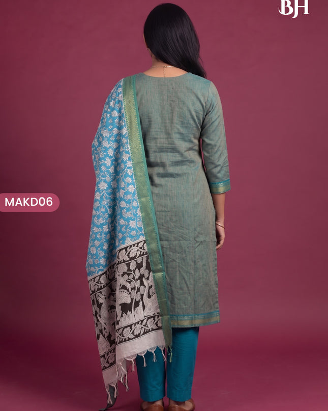 Premium Mangalagiri 3PC Kurti Set with Boutique Style Neck Design & Kalamkari Dupatta | Sage Green Colour | Ready to Wear