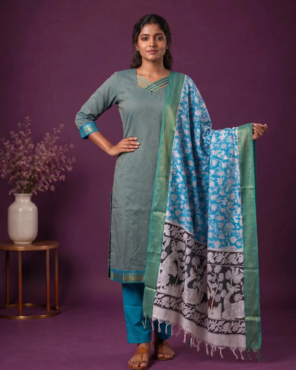 Premium Mangalagiri 3PC Kurti Set with Boutique Style Neck Design & Kalamkari Dupatta | Sage Green Colour | Ready to Wear