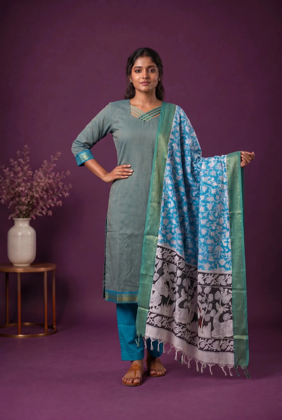 Premium Mangalagiri 3PC Kurti Set with Boutique Style Neck Design & Kalamkari Dupatta | Sage Green Colour | Ready to Wear