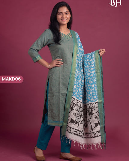 Premium Mangalagiri 3PC Kurti Set with Boutique Style Neck Design & Kalamkari Dupatta | Sage Green Colour | Ready to Wear