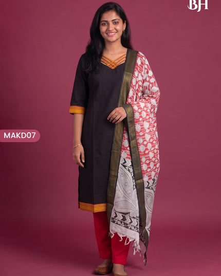 Premium Mangalagiri 3PC Kurti Set with Boutique Style Neck Design & Kalamkari Dupatta | Black Colour | Ready to Wear