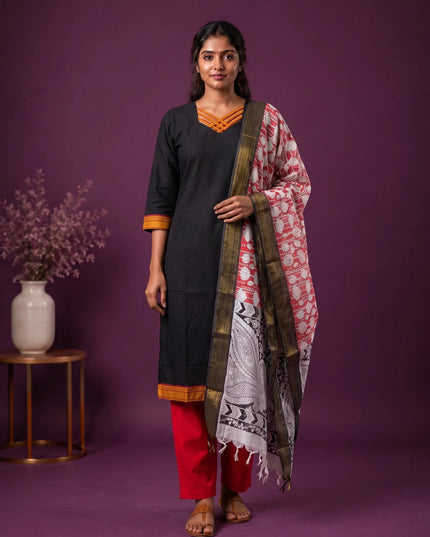 Premium Mangalagiri 3PC Kurti Set with Boutique Style Neck Design & Kalamkari Dupatta | Black Colour | Ready to Wear