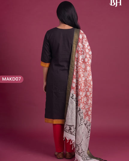 Premium Mangalagiri 3PC Kurti Set with Boutique Style Neck Design & Kalamkari Dupatta | Black Colour | Ready to Wear