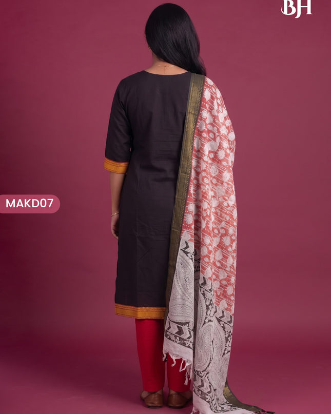 Premium Mangalagiri 3PC Kurti Set with Boutique Style Neck Design & Kalamkari Dupatta | Black Colour | Ready to Wear