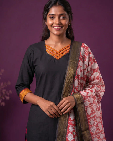 Premium Mangalagiri 3PC Kurti Set with Boutique Style Neck Design & Kalamkari Dupatta | Black Colour | Ready to Wear