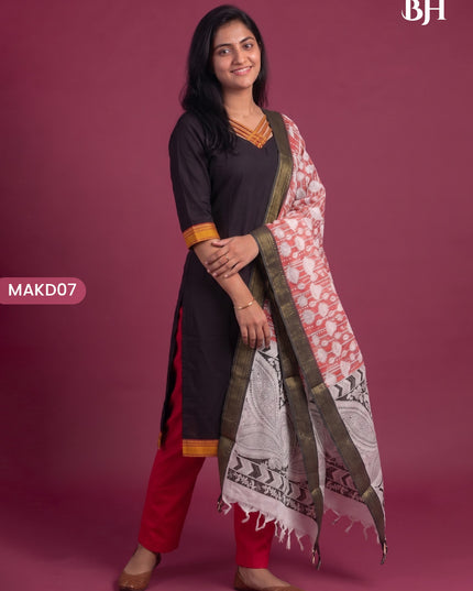 Premium Mangalagiri 3PC Kurti Set with Boutique Style Neck Design & Kalamkari Dupatta | Black Colour | Ready to Wear