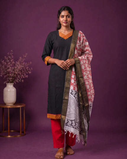 Premium Mangalagiri 3PC Kurti Set with Boutique Style Neck Design & Kalamkari Dupatta | Black Colour | Ready to Wear