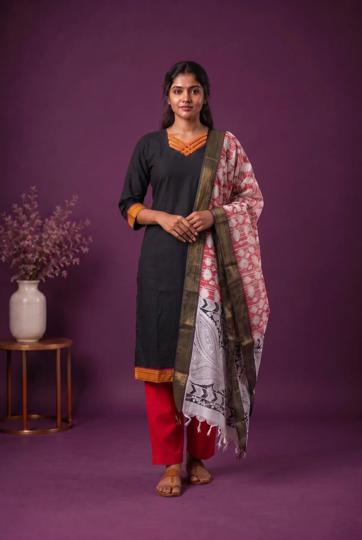 Premium Mangalagiri 3PC Kurti Set with Boutique Style Neck Design & Kalamkari Dupatta | Black Colour | Ready to Wear