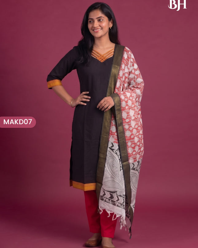 Premium Mangalagiri 3PC Kurti Set with Boutique Style Neck Design & Kalamkari Dupatta | Black Colour | Ready to Wear