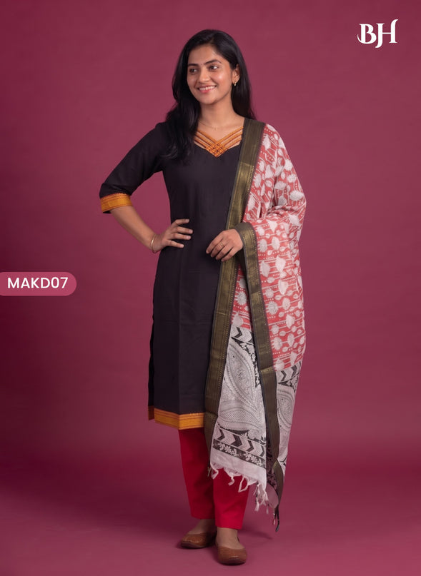 Premium Mangalagiri 3PC Kurti Set with Boutique Style Neck Design & Kalamkari Dupatta | Black Colour | Ready to Wear