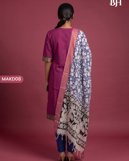 Premium Mangalagiri 3PC Kurti Set with Boutique Style Neck Design & Kalamkari Dupatta | Rani Pink Colour | Ready to Wear