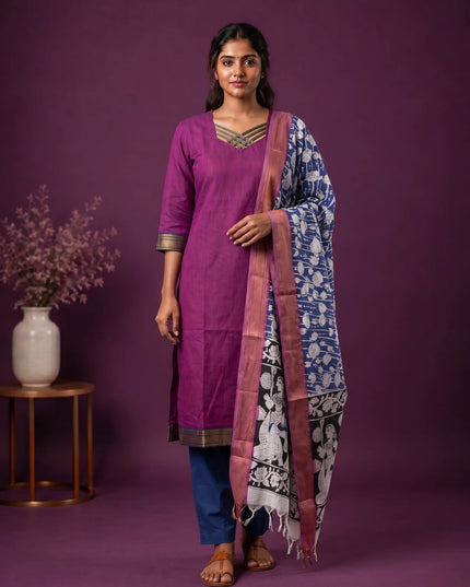 Premium Mangalagiri 3PC Kurti Set with Boutique Style Neck Design & Kalamkari Dupatta | Rani Pink Colour | Ready to Wear