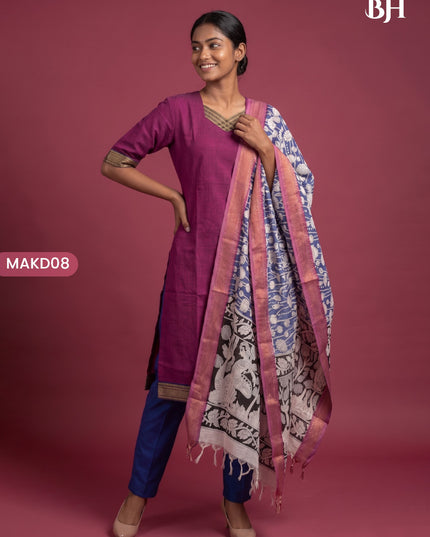 Premium Mangalagiri 3PC Kurti Set with Boutique Style Neck Design & Kalamkari Dupatta | Rani Pink Colour | Ready to Wear