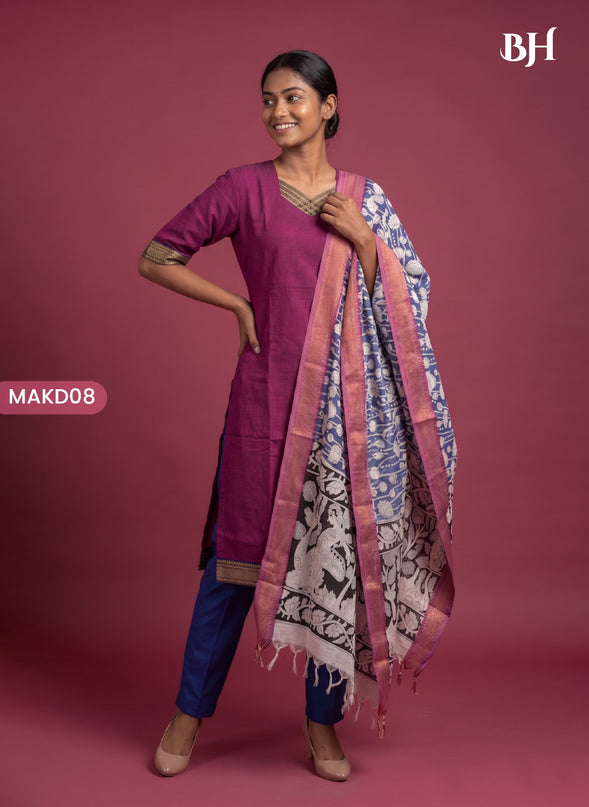 Premium Mangalagiri 3PC Kurti Set with Boutique Style Neck Design & Kalamkari Dupatta | Rani Pink Colour | Ready to Wear