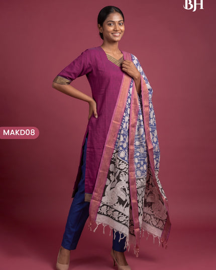 Premium Mangalagiri 3PC Kurti Set with Boutique Style Neck Design & Kalamkari Dupatta | Rani Pink Colour | Ready to Wear