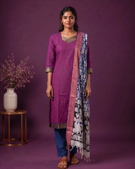 Premium Mangalagiri 3PC Kurti Set with Boutique Style Neck Design & Kalamkari Dupatta | Rani Pink Colour | Ready to Wear