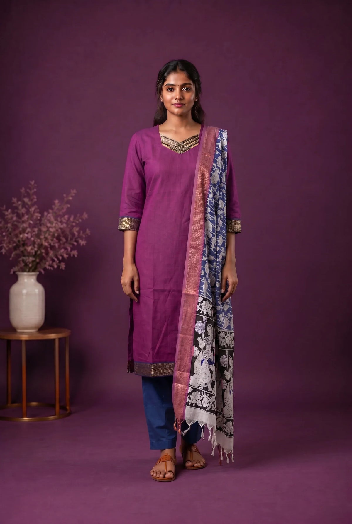 Premium Mangalagiri 3PC Kurti Set with Boutique Style Neck Design & Kalamkari Dupatta | Rani Pink Colour | Ready to Wear