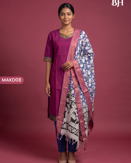 Premium Mangalagiri 3PC Kurti Set with Boutique Style Neck Design & Kalamkari Dupatta | Rani Pink Colour | Ready to Wear