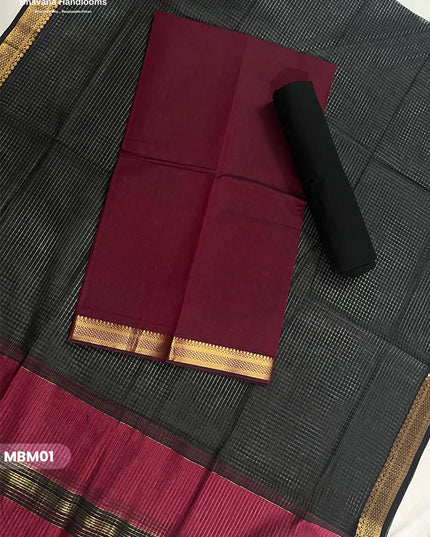 Mangalagiri Cotton Dress Material with Missing Checks Dupatta – Premium Unstitched Suit Set Burgundy