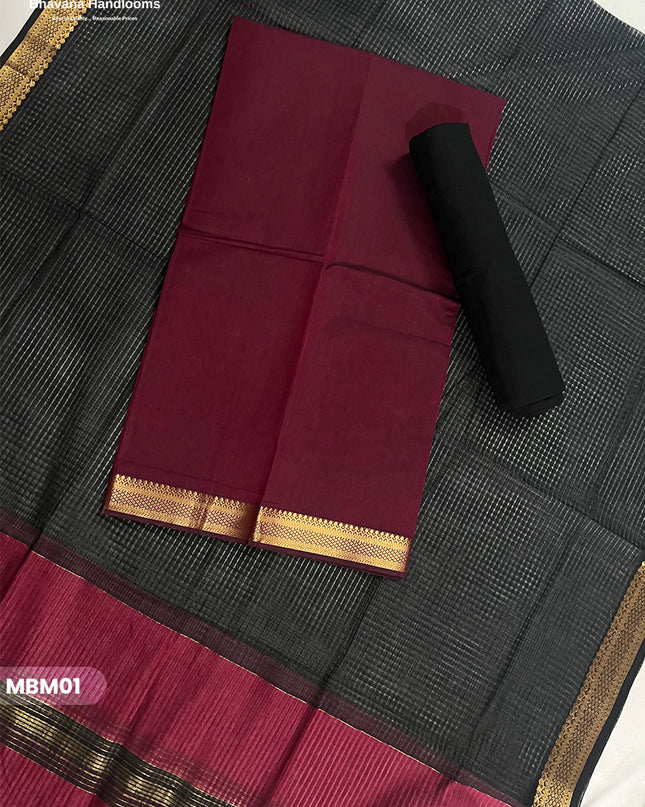 Mangalagiri Cotton Dress Material with Missing Checks Dupatta – Premium Unstitched Suit Set Burgundy