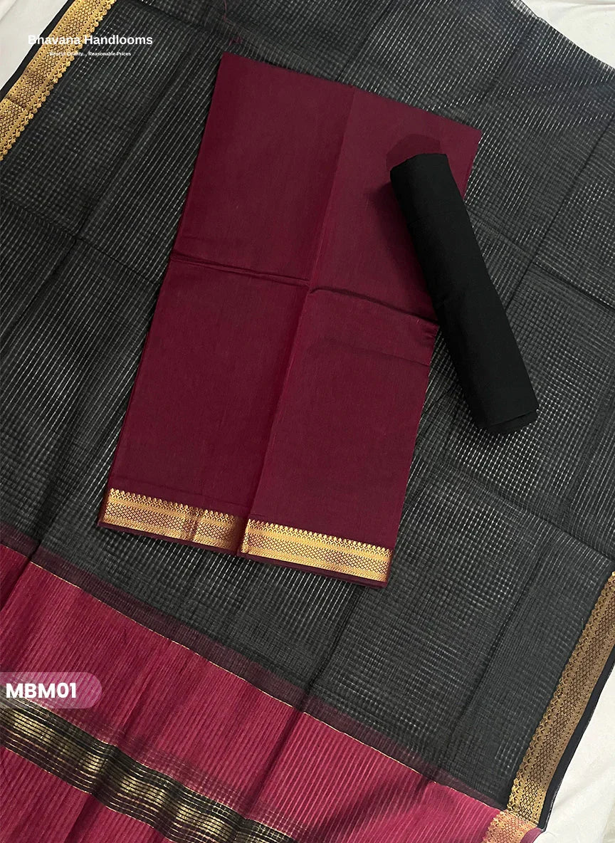 Mangalagiri Cotton Dress Material with Missing Checks Dupatta – Premium Unstitched Suit Set Burgundy