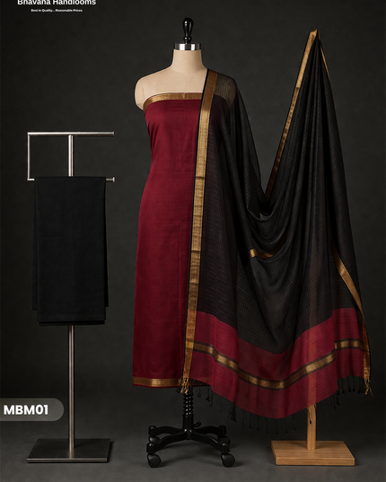 Mangalagiri Cotton Dress Material with Missing Checks Dupatta – Premium Unstitched Suit Set Burgundy