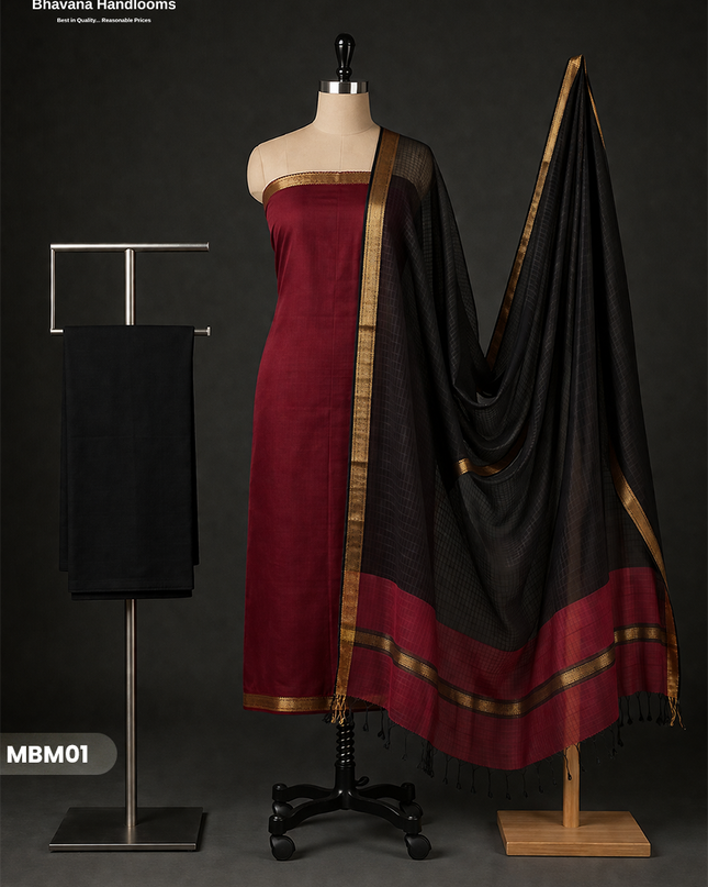 Mangalagiri Cotton Dress Material with Missing Checks Dupatta – Premium Unstitched Suit Set Burgundy