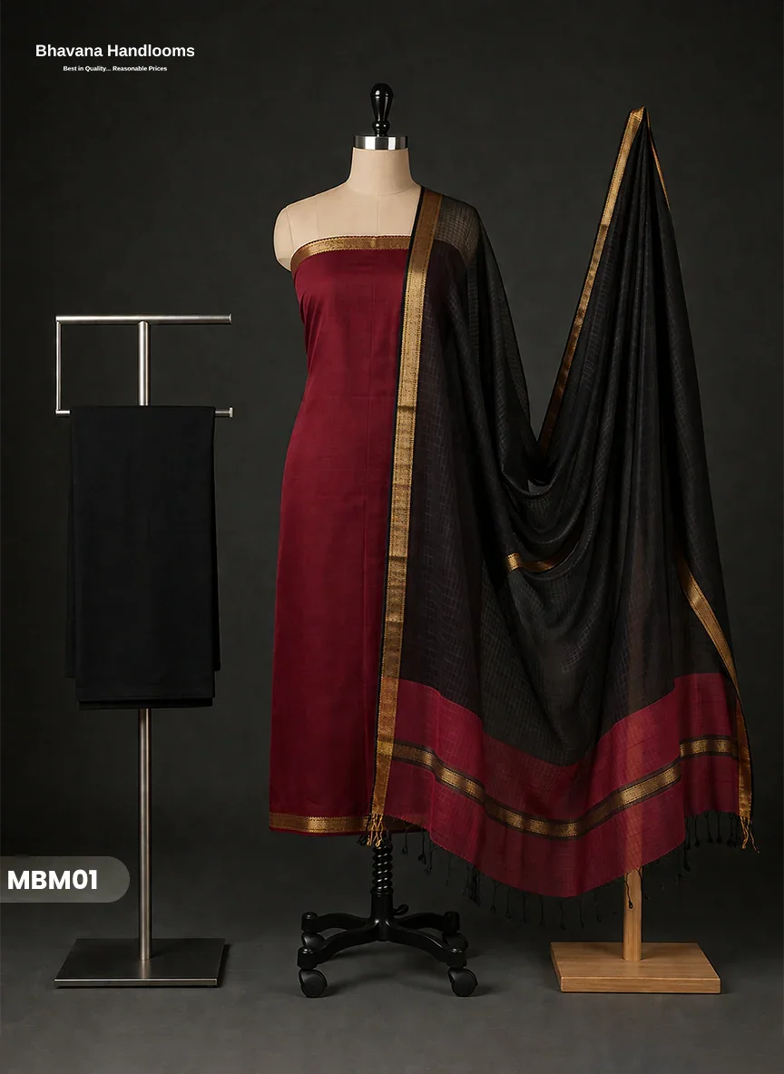 Mangalagiri Cotton Dress Material with Missing Checks Dupatta – Premium Unstitched Suit Set Burgundy – Bhavana Handlooms
