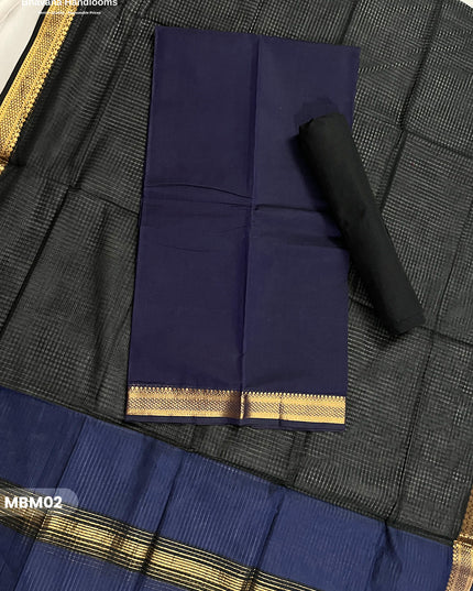 Mangalagiri Cotton Dress Material with Missing Checks Dupatta – Premium Unstitched Suit Set Midnight Blue