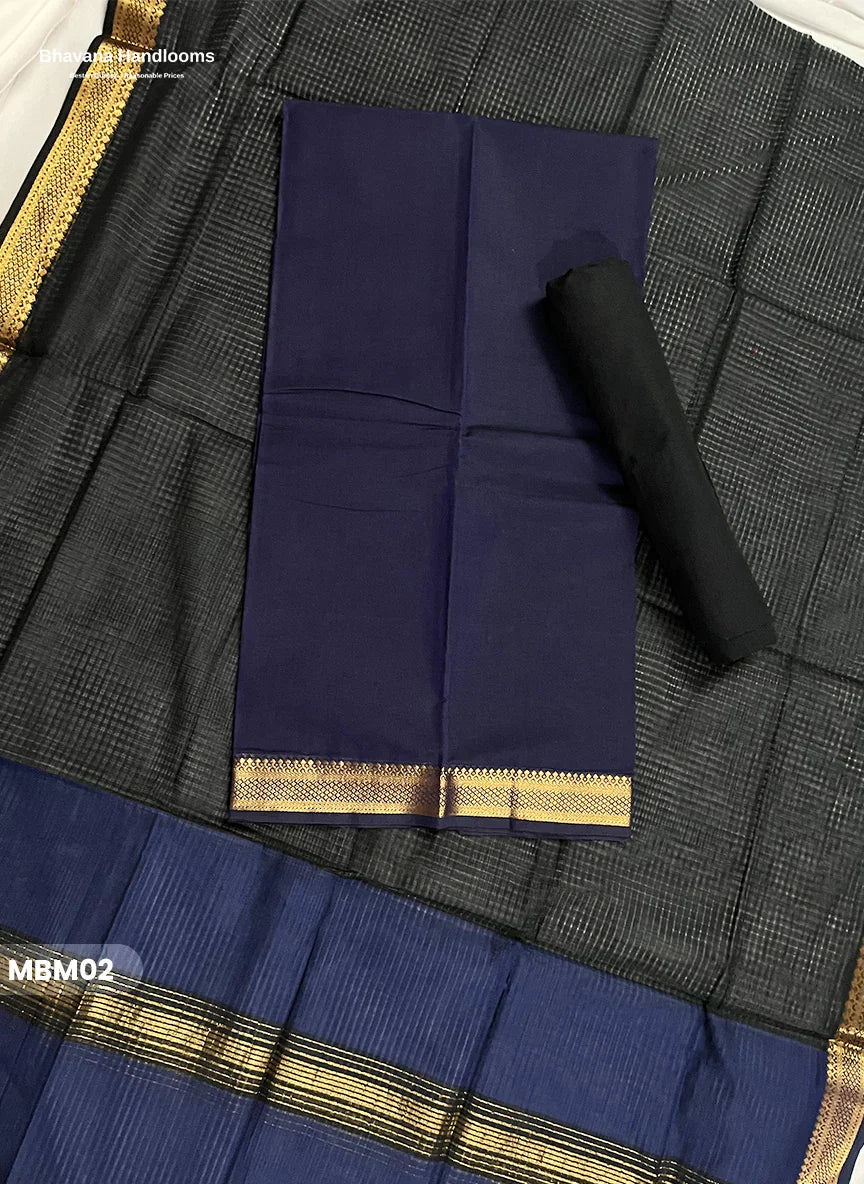 Mangalagiri Cotton Dress Material with Missing Checks Dupatta – Premium Unstitched Suit Set Midnight Blue